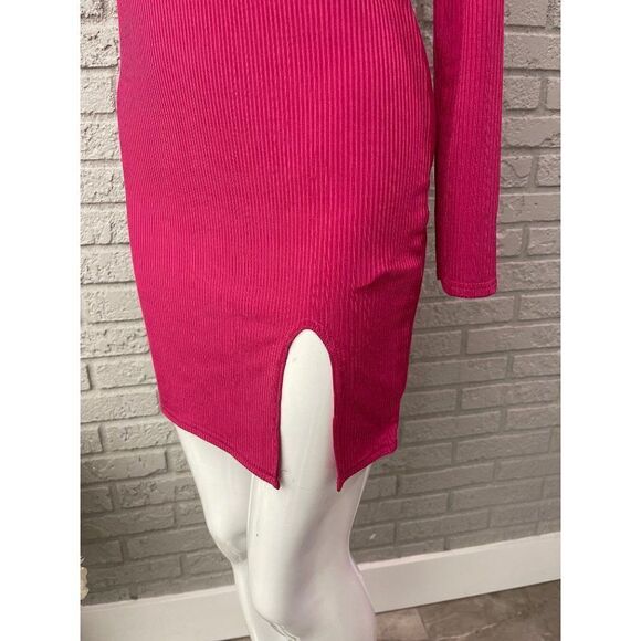 Nastygal  Bright Pink Ribbed Long Sleeve Bodycon Dress Size 8 - Picture 6 of 10